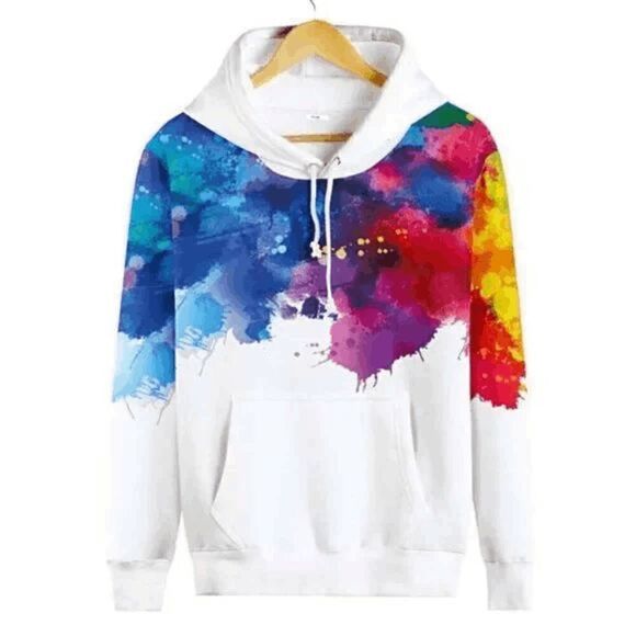 Tops - Pixie Lady White & Blue Paint Splatter Kangaroo-Pocket Hoodie M